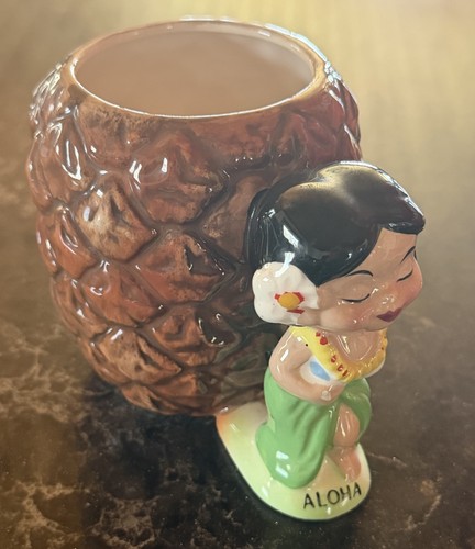 Vintage Ceramic Hula Girl Pineapple Hawaii Aloha Tiki Kitschy Mug Cup Barware