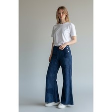 Boho Patchwork Wide Leg Bell Bottom Jeans Flared Vintage Indigo Blue size 24