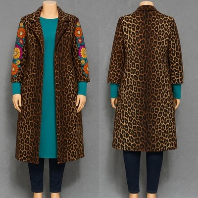 Uncle Frank Leopard Print Long Coat Women s S 3/4 Sleeve Embroidered