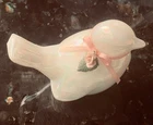 FENTON Hand-Painted White Iridescent Art Glass Bird with Ribbon