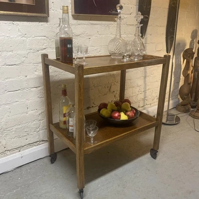 Vintage Oak Tea Drinks Cocktail Trolley Wheels Kitchen Diner Storage Solid Wood - Image 1 of 4