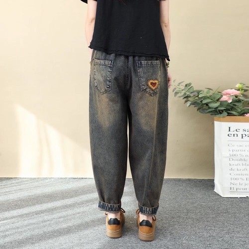 Lady Denim Cropped Pants Vintage Ethnic Floral Embroidery Harem Trousers Fashion - Picture 3 of 13
