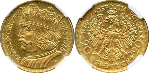 1925 Poland Boleslaw Chrobry GOLD 20 ZL NGC MS 65