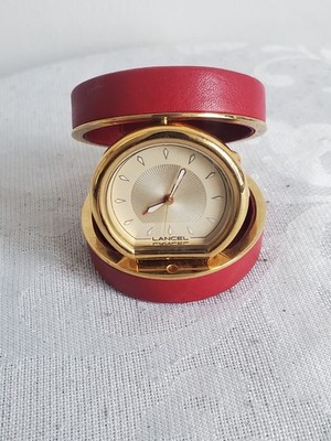 Lancel Travel Alarm Clock Leather and Gold Metal Folding Vintage Case