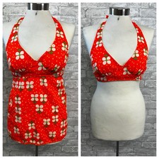 Vintage 60s 70s Bikini Tank Top Tankini Convertible Orange Flower Halter XS/S