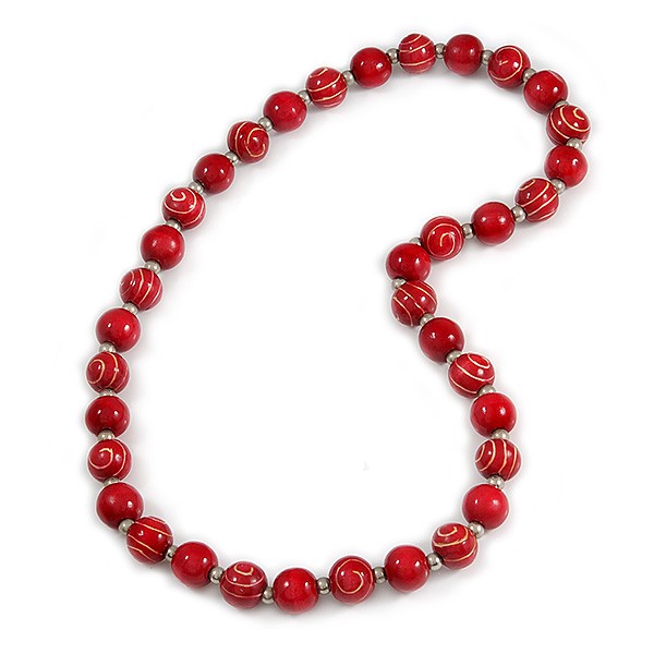 Long Chunky Red Wood Bead Necklace - 82cm L