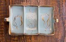 Mid Century divided serving dish light blue gold fruit California pottery