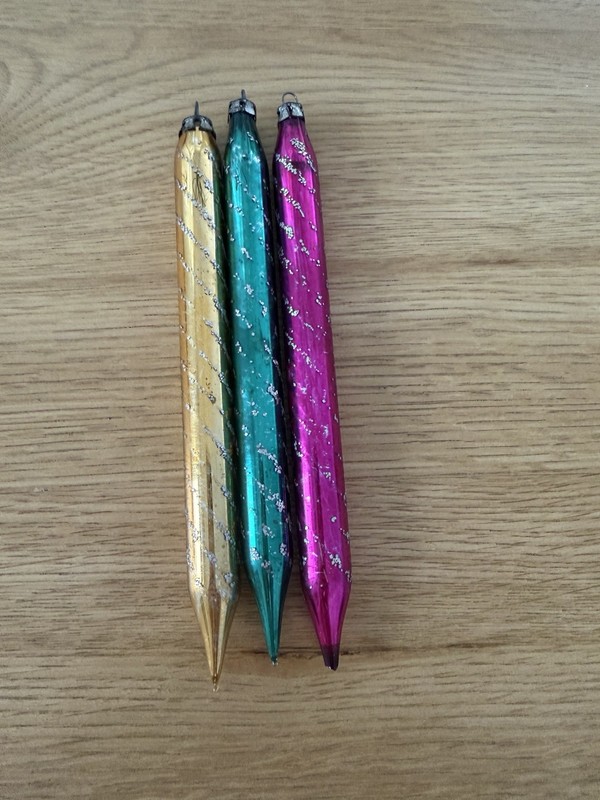 3 Vintage Pencil Glass Poland Mica Christmas Ornaments ( One Damaged )