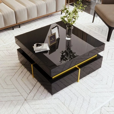 Modern High Gloss Black Side Coffee Table with 2 Storage Drawers for Living Room - Image 1 of 4
