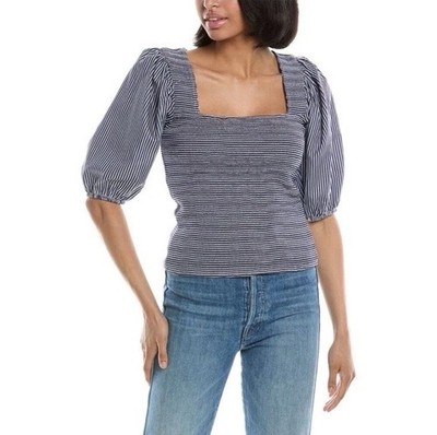 Nation LTD Womens Half Sleeve Square Neck Striped Smocked Top Blue White Medium