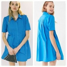 Urban Outfitter UO Michaela Babydoll Mini Dress Pleated Button Blue Shirt New S