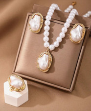 Gold Plated White Baroque Pearl Necklace Earrings Ring Set Wedding Prom Pageant