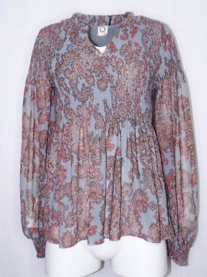 Akemi + Kin Medium Adria Smocked Top Floral Paisley Print Sky Blue Boho Chic
