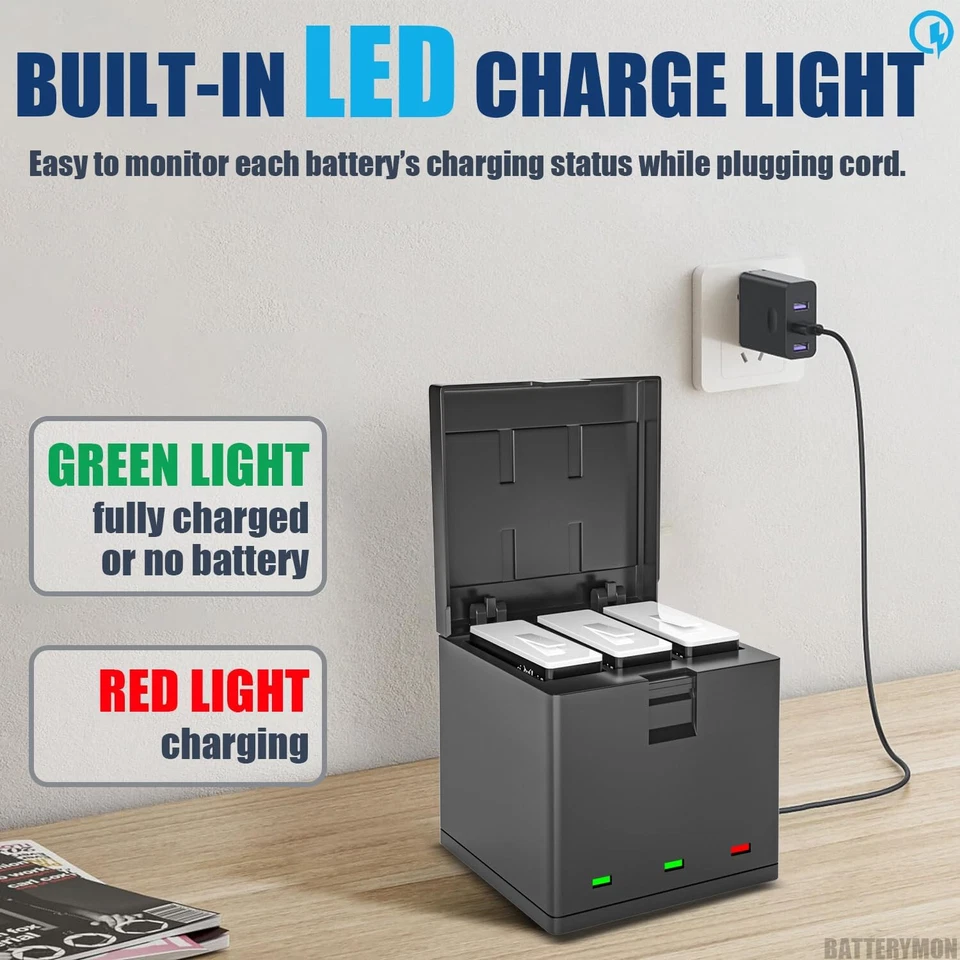 Paquete de 3 baterías y cargadores Hero 12 para cámara Gopro Hero 12 11 10 9 negra Foto 4 de 4