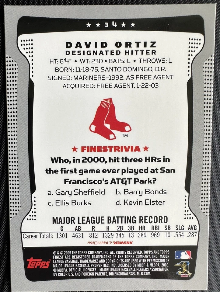 2009 Topps Finest David Ortiz #34 HOF - Image 2 of 2