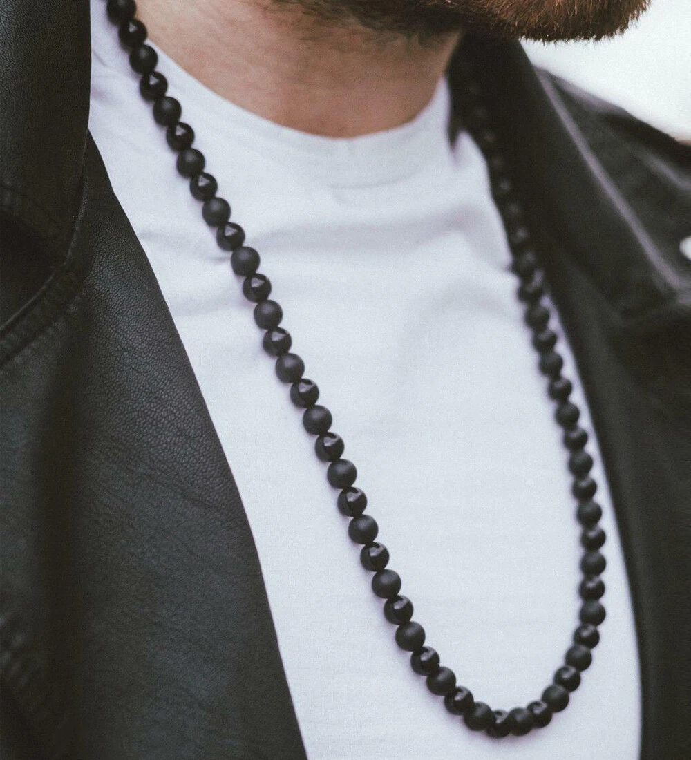 Necklace for men: onyx & silver beads