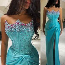 Elegant Green Mermaid Evening Dresses Satin Beaded Side Slit Party Prom Dresses