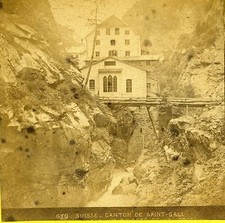 Stereoview Photo Switzerland Canton De Saint Gall Buildings Beside a Gorge