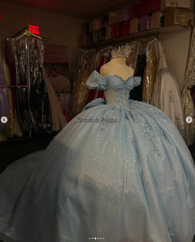 Cinderella Quinceanera Kleider himmelblau Prinzessin Glitzer mit Schleife süß 15 Kleid - Bild 4 von 10
