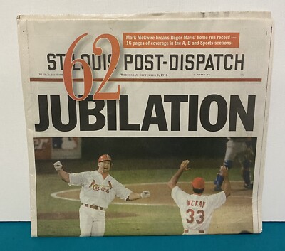 St Louis Post Dispatch Newspaper McGwire 62nd Home Run