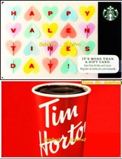 2x STARBUCKS 2014 USA ST. VALENTINES TIM HORTON COFFEE COLLECTIBLE GIFT CARD LOT