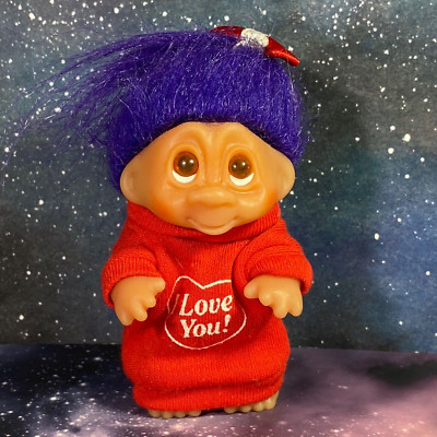 Vtg Toy 1985 Dam Troll Doll Scandi Good Luck I LOVE YOU Heart Purple Hair Red  k