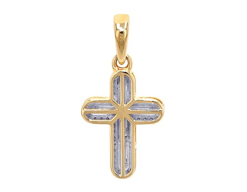 Baguette Cross 1/3 CT Real Diamond Pendant 10K Yellow Gold 1" - Picture 3 of 4