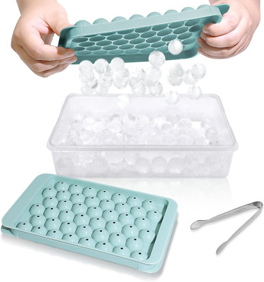 2-Pack Round Ice Cube Trays with Lid & Bin   Freezer Ice Container, Blue, 0.8''