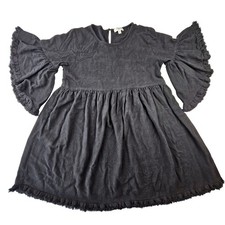 Umgee USA Black Linen Cotton Fringe Bell Sleeve Babydoll Dress Small A6021