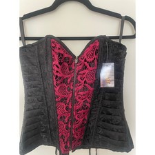 NWT Spirit Gothic Black Magenta Lace Corset Top Zip Front Brocade Sz L