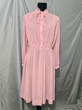 Vintage 1970s Chiffon Dusty Rose Pink Lace Trim Secretary Dress Sz M Handmade