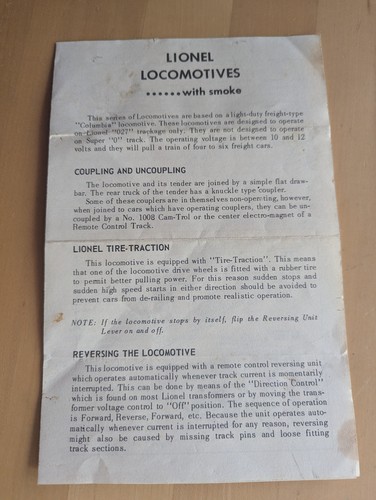 Lionel 1960s  Original Instruction Sheet for Steam Locos