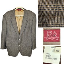 Jos A Bank Sport Coat Blazer Mens 46R Silk Wool Tweed Glen Plaid Brown Tan Navy