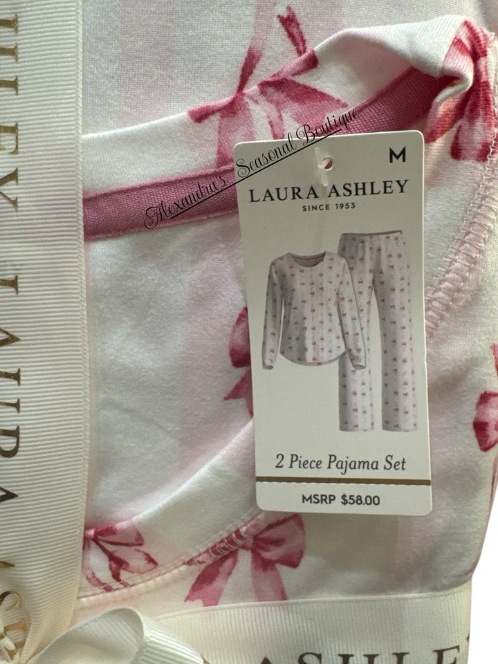 Laura Ashley Christma Soft Long Sleeved Pajama 2 Piece Set M Pink Bows Ribbons - Image 4 of 4