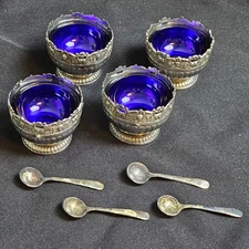4 Vintage Raimond Silversmiths Cobalt Blue Glass Salt Cellar Bowls each w Spoon