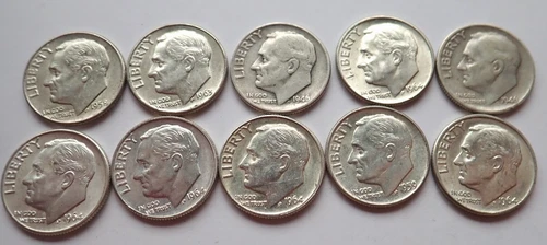 Lot of (10) 90% SILVER Roosevelt Dimes - 1946 '58 '59 '63 '64 - P&D - Circ to BU
