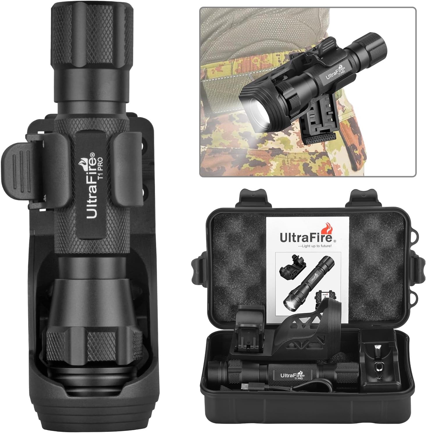 ULTRAFIRE 1000 High Lumen Tactical EDC Flashlight with Holster,Single Black 