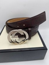 Auth GUCCI Shima Interlocking GG Belt Silver Buckle Dark Brown Leather Men's