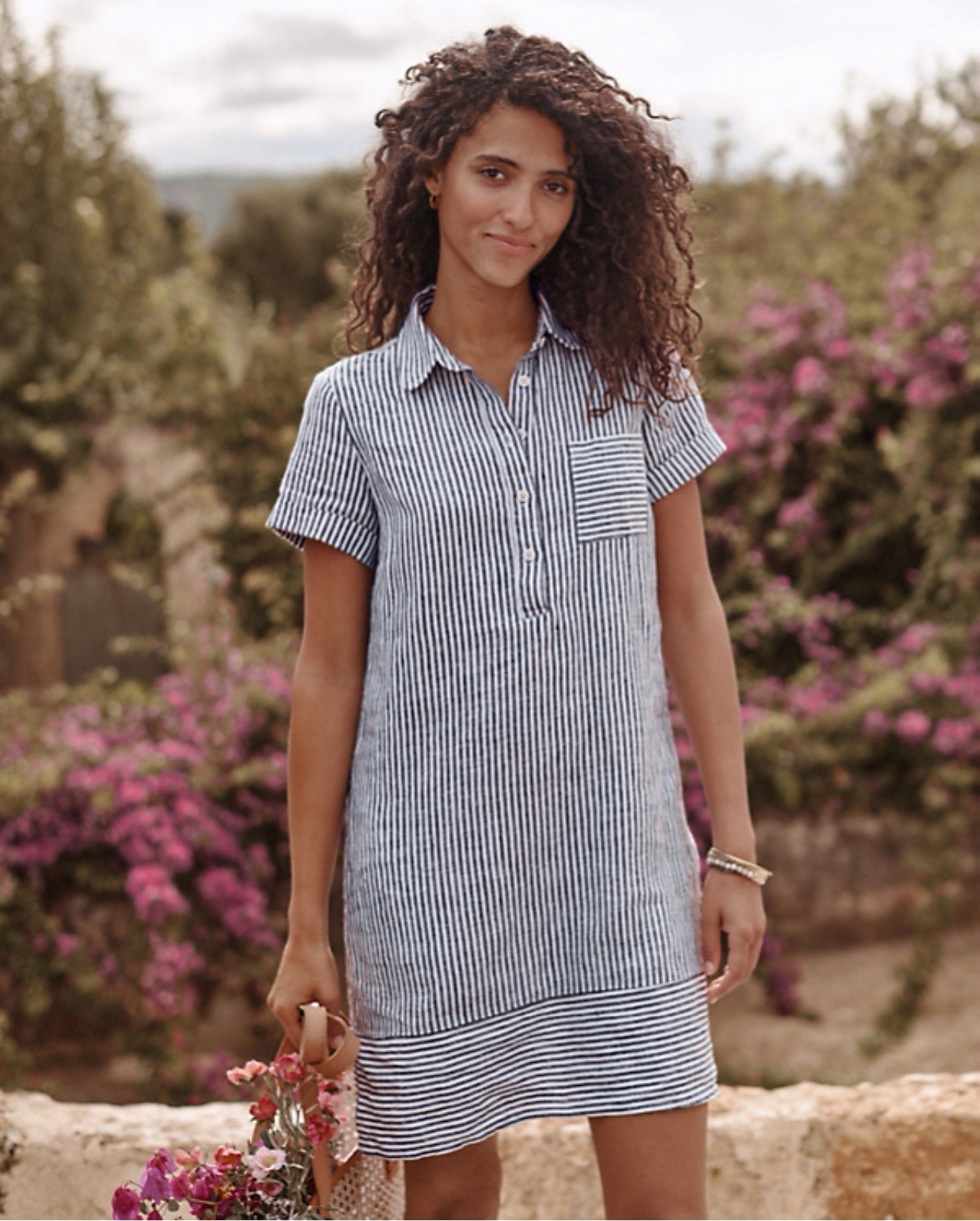 Garnet Hill Linen Relaxed Popover Shirtdress Indigo Mini Stripe Size Medium