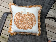 Decorative Pillow Embroidered Textured Pumpkin  Cream Burnt Orange Cotton 14-15"