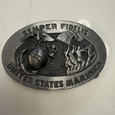 Vintage Metal Belt Buckle: United States Marines Semper Fidelis Eagle Globe Flag