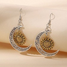 2 Tone SunFlower Crescent Moon Pendant Drop Earrings Gold Silver Celestial Dngle