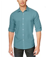 I.N.C Mens Cason Linen Button Up Shirt, green, XL Neck