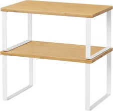 Kitchen Cabinet and Counter Shelf Organizer, Stackable & Expandable, White and N