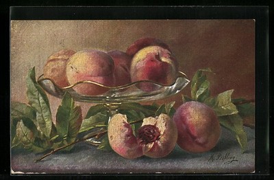 Künstler-AK M. Billing: Reife Pfirsiche in einer Glasschale 1917 