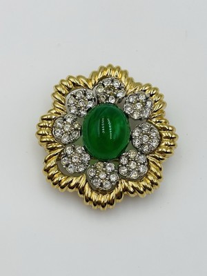 Ciner Vintage Gold Plated Poured Green Glass Rhinestone Brooch Pin Pendant