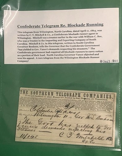 Antique 1864 Confederate Telegram Re. Blockade Running Read….