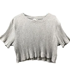 H&M Cropped T Shirt Womens L Gray Ribbed Crewneck Stretch Short Sleeve