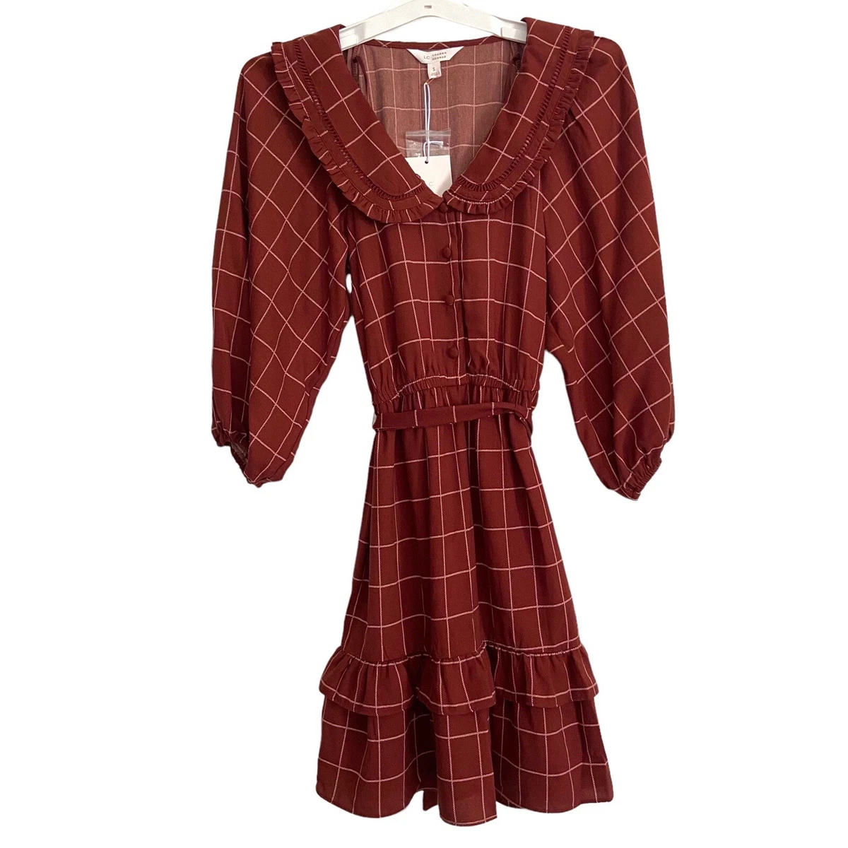 LC Lauren Conrad Dress Sz Small Maroon Plaid Midi Buttons Ruffles