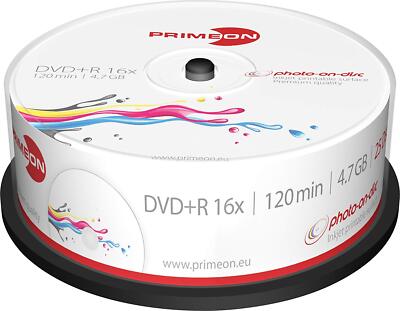 1x25 PRIMEON DVD+R 4.7GB 120min 16x Photo-On-Disc Printable Cakebox NEU 008-370